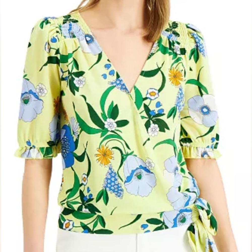INC International Concepts Women Floral Side-Tie Surplice Petite Top, EUC